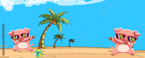 A series of cartoon vector images of cute pigs wearing glasses playing.