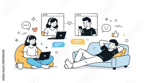 Virtual Friendship Connection. Virtual friendship illustration. Friends relaxing at home while chatting online, cozy and informal digital bonding. Everyday