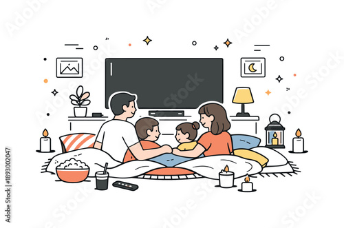 Cozy Movie Night. Family movie night cozy environment. A scene showing blankets, pillows, and dim lighting in the living room to enhance the home cinema