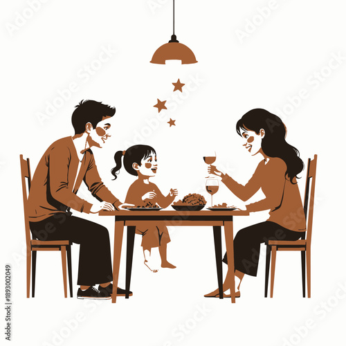 Cozy Family Dinner Scene with Smiling Parents and Child Sharing a Meal at a Wooden Table Under a Warm Hanging Lamp
