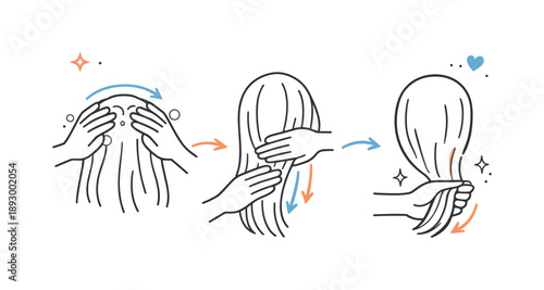 Minimalist Haircare Steps. Hair care step-by-step. A clean scene showing hands working product through hair from roots to ends, clear process and gentle