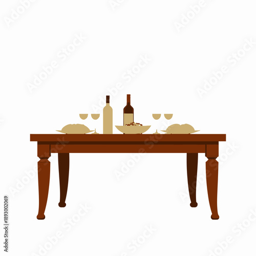 Elegant table setting with wine bottles, glasses, and delicious bowls of food including fruits and bread on a sophisticated wooden dining table