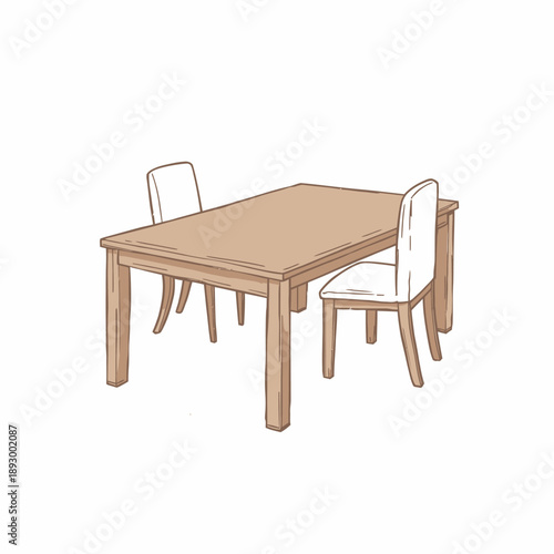 Illustration of a Minimalist Wooden Dining Table with Two Matching Upholstered Chairs in a Simple Clean Room Setting