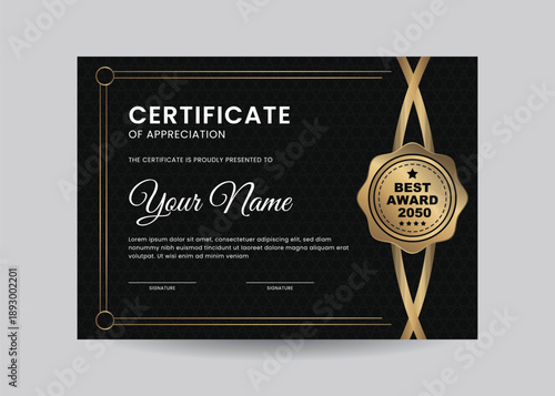 Luxury black gold certificate of appreciation with premium award seal elegant layout for corporate achievement executive recognition and formal honors