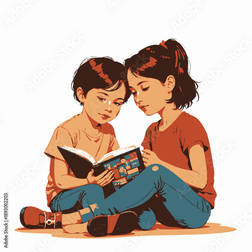 Two young children sitting together, focused on reading an illustrated book, fostering a shared love for stories and learning in a cozy setting