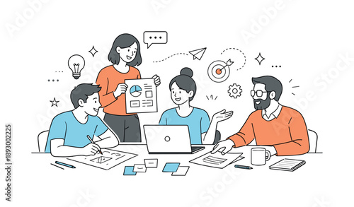 Creative Team Collaboration. Creative agency team collaboration. Designers and strategists working together around a table with sketches and laptops. Calm