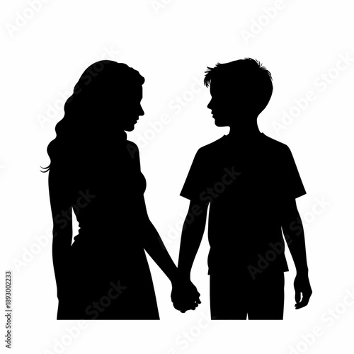 Silhouette of a Boy and Girl Holding Hands Depicting Friendship and Connection in a Minimalistic Style on a Plain White Background