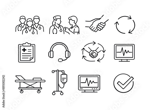 Emergency Room Icons. Emergency Room Teamwork. Line icon set of Emergency Room Teamwork: medical team group, doctor consulting nurse, patient hand, teamwork