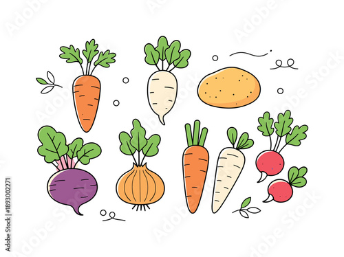 Farm Fresh Harmony. Farm fresh produce. Top view of assorted root vegetables with simple greens attached, authenticity and simplicity. Peaceful food scene with