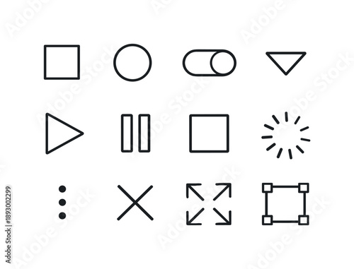Minimalist UI Icon Set. UI Shapes. Line icon set of UI Shapes: checkbox square, radio button circle, toggle switch, dropdown arrow, play triangle, pause bars,
