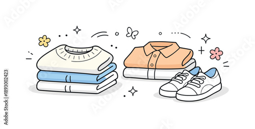 Spring Wardrobe Update. Spring wardrobe update. A calm scene of neatly folded light sweaters, shirts and shoes laid out with small floral icons floating