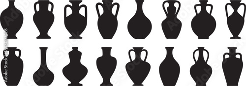 Silhouettes of the vases. Set of different vases. Vector illustration. Black vase icons