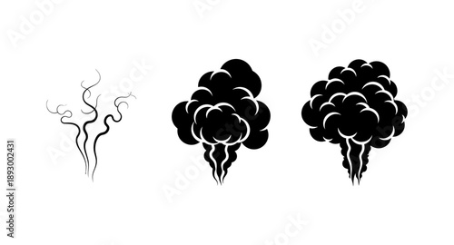 Set of stylized black smoke and steam icons on a white background