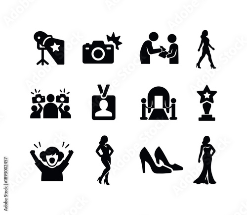Celebrity Icons Set. Celebrity Moment. Solid icon set of Celebrity Moment: star spotlight, photo click icon, fan autograph, graceful walk, fashion flash, press