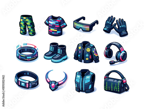 Digital Fashion Icons. Digital style. Colorful isometric vector icons set of Digital style: pixel camo pants, glitch shirt, LED glasses, touchscreen gloves,