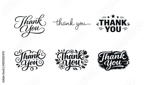 Diverse Thank You Lettering. Thank You. Set lettering. harmonious lettering variations of the same emblematic concept (Elegant script with flowing curves,