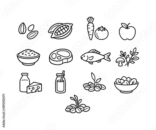 Unprocessed Food Icons. Unprocessed Natural Foods. Line icon set of Unprocessed Natural Foods: raw seeds, raw cacao, whole vegetable, unpeeled fruit, uncooked