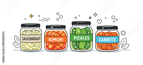 Artisanal Fermented Jars. Fermented food jars. Glass jars filled with vegetables in brine neatly arranged on a clean surface. Calm artisanal food mood with