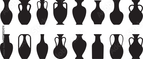 Silhouettes of the vases. Set of different vases. Vector illustration. Black vase icons