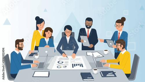 Diverse team of business professionals collaborating intensely around a large conference table reviewing important documents and data.