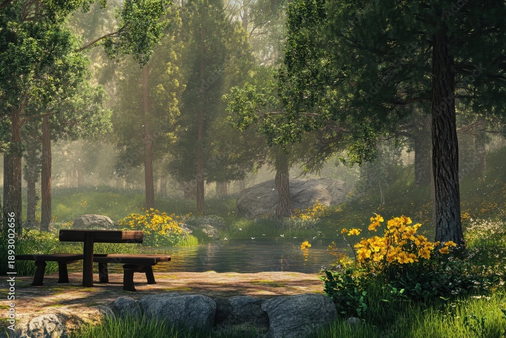 Naklejka premium Calm waters reflect vibrant flowers in a serene forest setting during golden hour