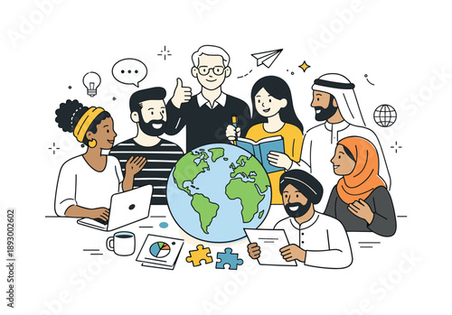 Global Team Collaboration. Global team illustration. People of different nationalities gathered in a friendly work or community context, diverse appearances
