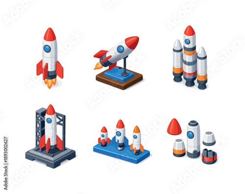 Isometric Rocket Display. Rocket Model. Isometric flat vector icons set of Rocket Model: classic vertical rocket, tabletop rocket model, multi-stage rocket,