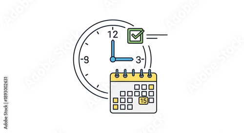 Iconographic representation of time management scheduling tasks with a clock, calendar date, and completion checkmark symbol