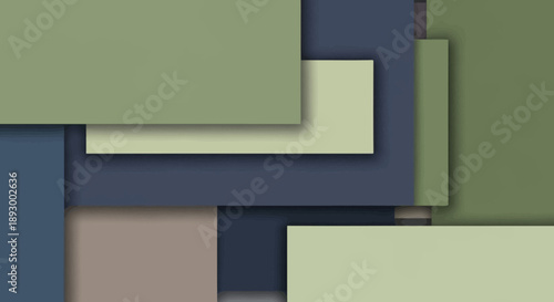 Abstract composition featuring overlapping geometric rectangles in muted earth tones of sage green and navy blue