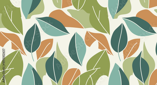 Abstract repeating pattern featuring stylized organic leaves in earthy green, teal, and warm terracotta color palettes