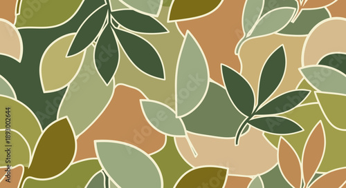 Abstract nature pattern featuring stylized botanical leaves in a harmonious palette of earthy greens and warm brown tones.