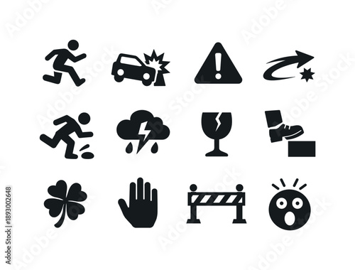 Dodging Misfortune Icons. Dodging Misfortune. Solid icon set of Dodging Misfortune: person jumping away, accident symbol, danger exclamation mark, near miss