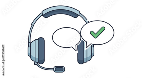 Stylized illustration of a customer service headset featuring speech bubbles, one containing a confirmation checkmark for success.