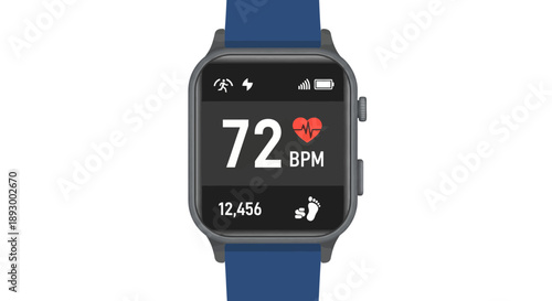 A detailed view of a modern fitness smartwatch displaying real-time heart rate at 72 bpm and step count achievement goals.