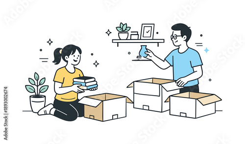 Settling In Together. Unpacking together. Two partners opening moving boxes and placing items on shelves. Relaxed collaboration and shared responsibility in a