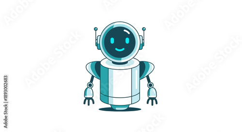 Adorable cartoon friendly robot mascot with glowing blue screen and simple cheerful smiling face illustration