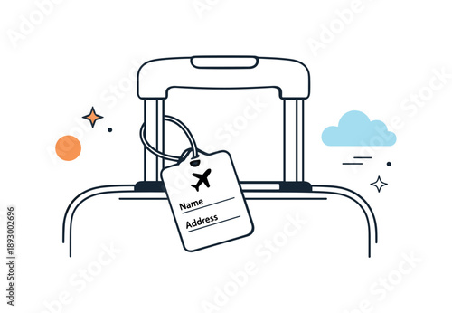 Minimal Luggage Tag Design. Luggage tags minimal. A simple luggage tag attached to a suitcase handle, calm travel mood and organized feeling. Clean composition