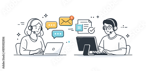 Digital Customer Support. Online customer support. Agents communicating through chat and email on screens, focused and attentive work process. Digital helpdesk