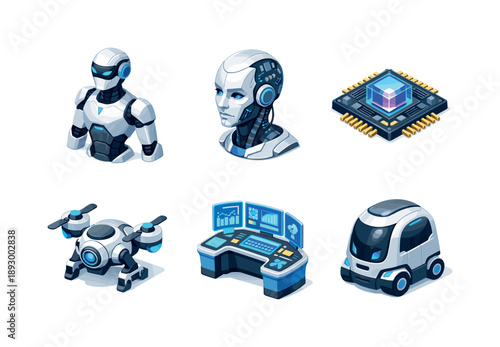 Futuristic Tech Icons Grid. Future technology. Isometric flat vector icons set of future technology: advanced AI robot, cybernetic robot head, quantum AI chip,