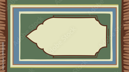 Stylized, colorful illustration of a traditional Islamic prayer rug design featuring an empty central mihrab area for text or image placement.