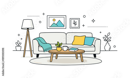 Modern Minimalist Living Room. Living room interior scene. A stylish sofa, coffee table, lamp, and framed pictures arranged in harmony. Comfortable everyday
