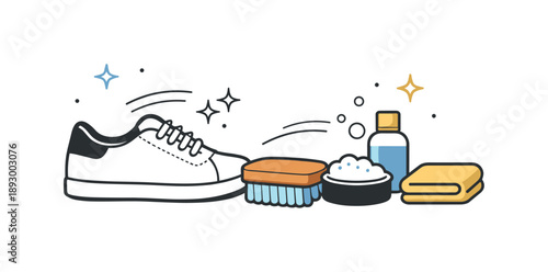 Minimal Shoe Cleaning. Minimal shoe cleaning illustration. A single shoe, brush, and small cleaning items arranged neatly, with abstract motion lines