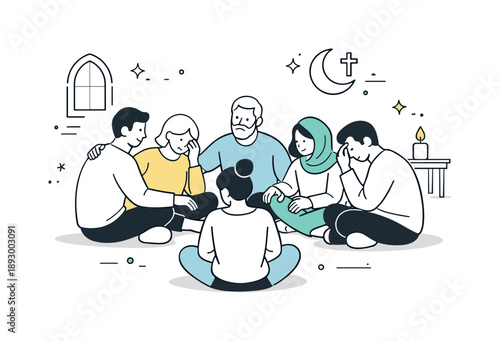Community Support Gathering. Community support and faith. Group of people together in a place of worship or meditation, offering mutual comfort and guidance