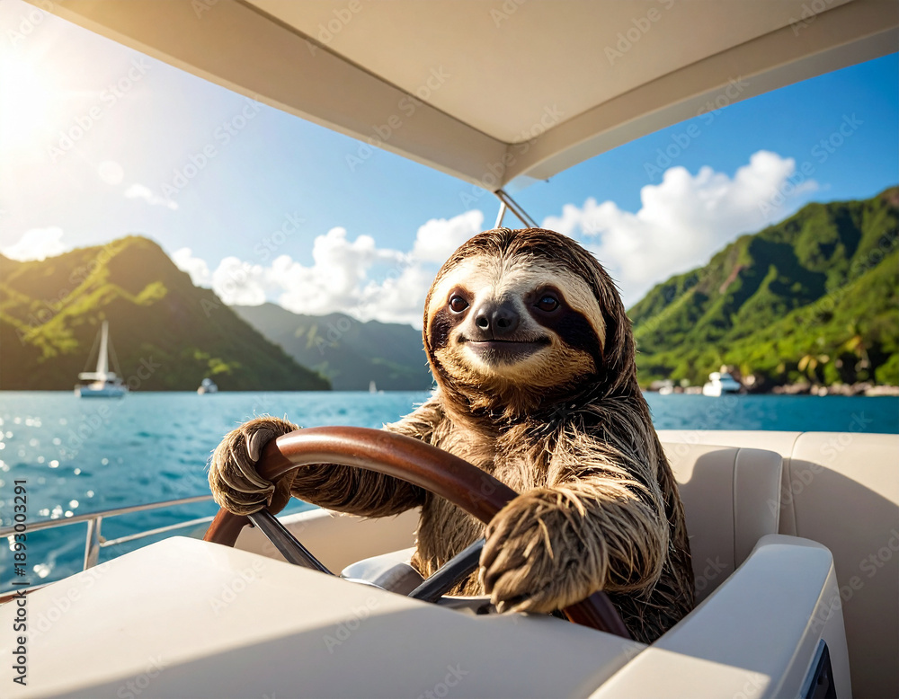 Fototapeta premium Faultier fährt ein Boot