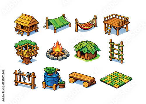 Colorful Jungle Shelters. jungle shelters. Colorful isometric vector icons set of jungle shelters: bamboo hut, tarp shelter, rope hammock, elevated platform,