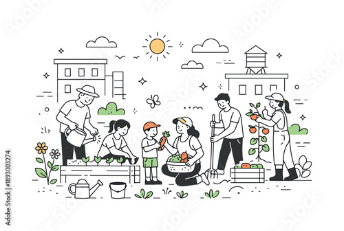 Community Urban Garden. Urban gardening community. Neighbors working together in a small shared garden between buildings. Friendly collaboration and local