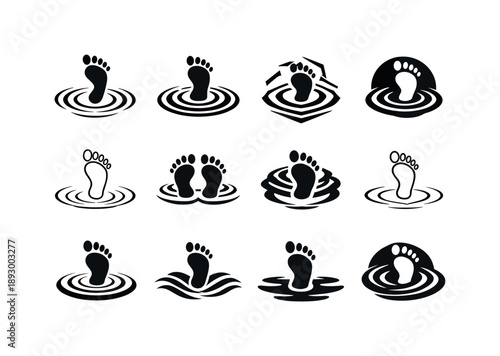 Nervous Footprint Icons. Nervous footsteps. Icon set. Set Logo of Nervous footsteps: footprint with ripple lines. harmonious logo variations of the same