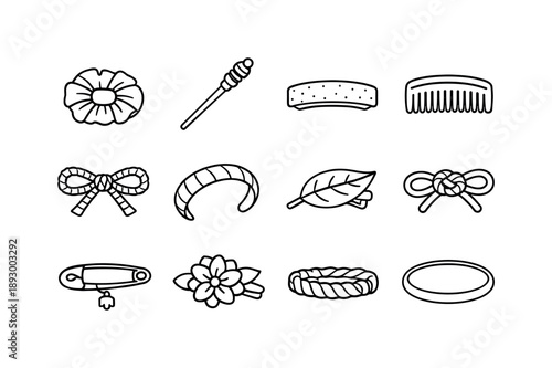 Eco Hair Accessories. Sustainable and upcycled fashion accessories. Line icon set of eco-friendly hair accessories: scrap-fabric hair tie, wooden hairpin, cork