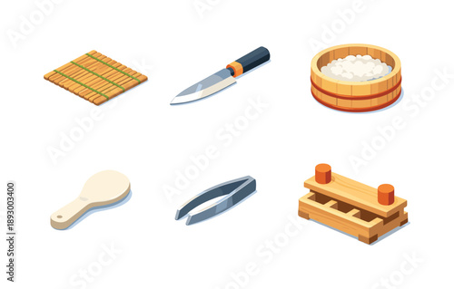 Sushi Tools Icons. Sushi Tools. Isometric flat vector icons set of Sushi Tools: bamboo rolling mat, sharp sushi knife, rice mixing bowl hangiri, rice spatula