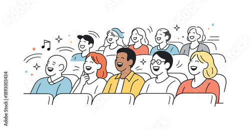 Theater Laughter Moment. Shared laughter in theater. Rows of people laughing together, shown in a calm editorial perspective from the stage or side view. The